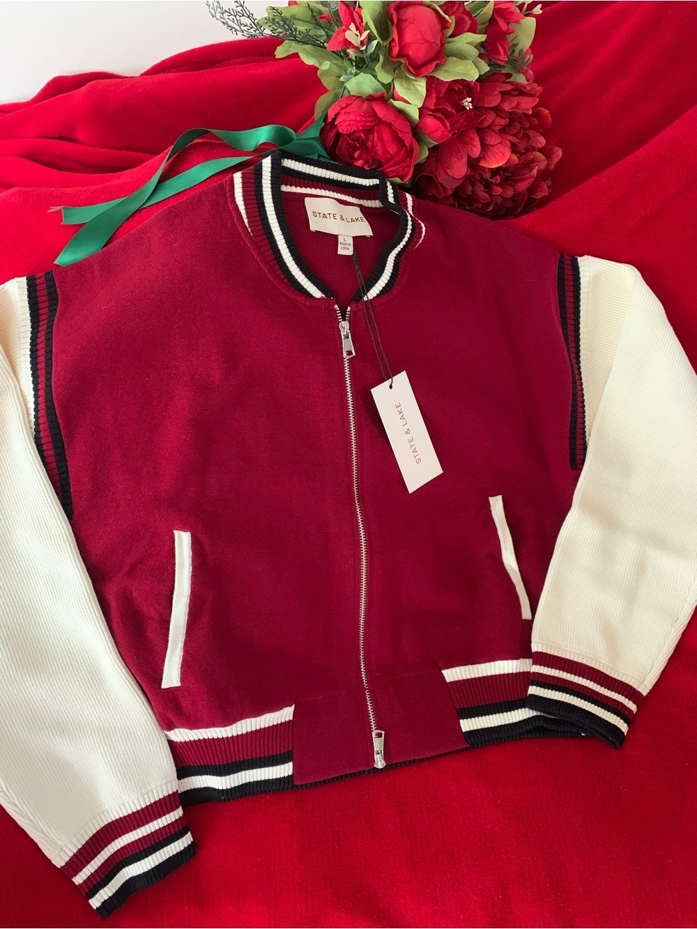 State & Lake Blake Varsity Sweater Jacket Burgundy White Black Large Collegiate